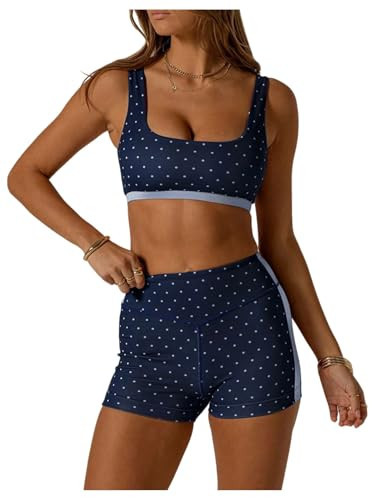 Milumia Women's Polka Dots Workout Set 2 Piece Color Block Yoga Outfit Bra Tank High Waisted Biker Shorts Deep Blue X-Large | Amazon (US)
