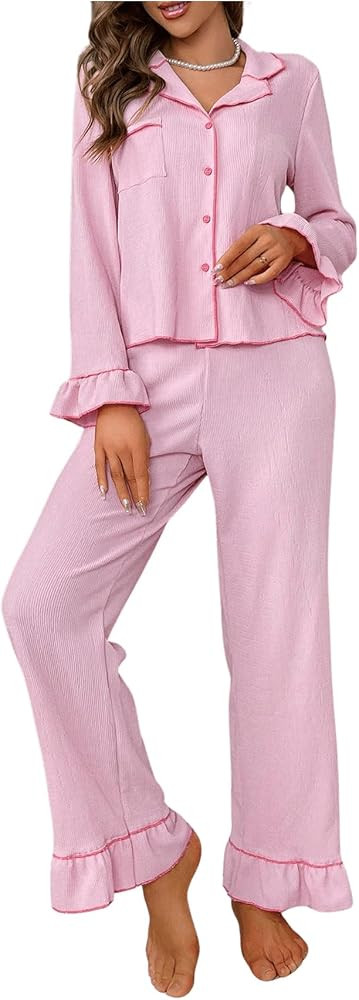Verdusa Women's 2 Piece Pajama Sets Sleepwear Ruffle Long Sleeve Shirt Toop and Lounge Pants Set | Amazon (US)