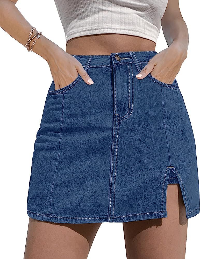 luvamia Skorts Skirts for Women Denim Mini Skirt Side Slit with High Waisted Jean Shorts Stretchy | Amazon (US)