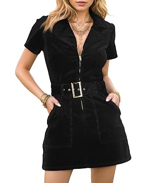 Women's Corduroy Mini Dress Short Sleeve Lapel Zip Up Belted Cowgirl Dresses with Pockets | Amazon (US)