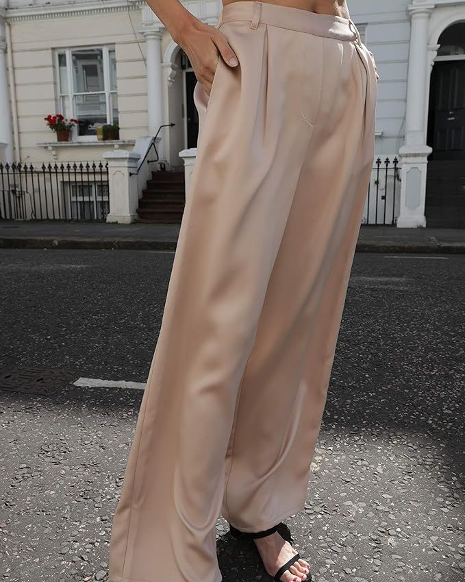 Amazon Brand - The Drop Women's @leoniehanne Beige Loose High Rise Wide Leg Silky Pant | Amazon (UK)