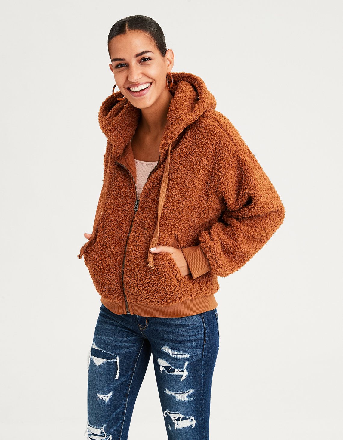 AE Sherpa Full Zip Hoodie, Honey | American Eagle Outfitters (US & CA)