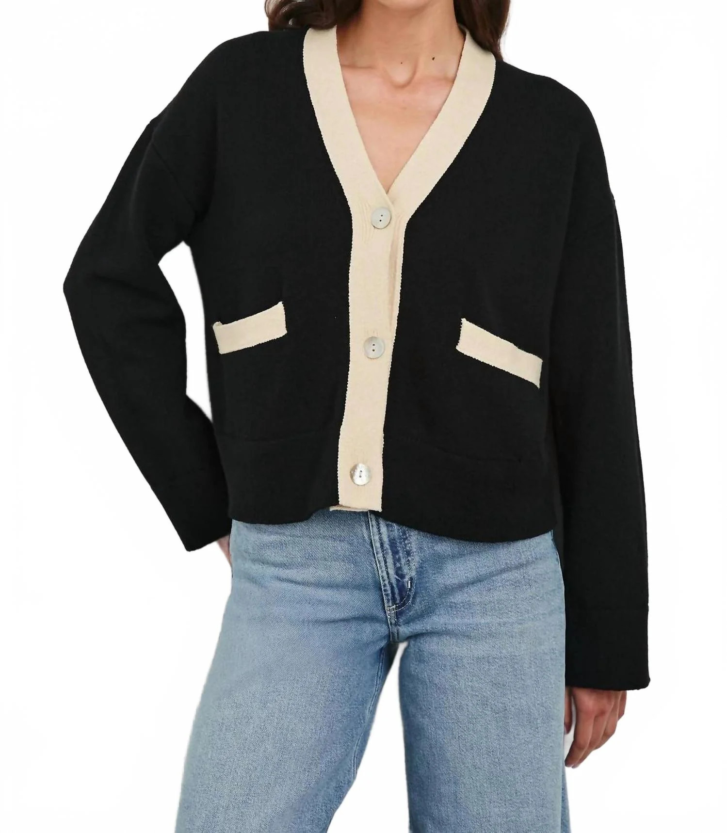 Geneva Cardigan In Black Ivory | Shop Simon