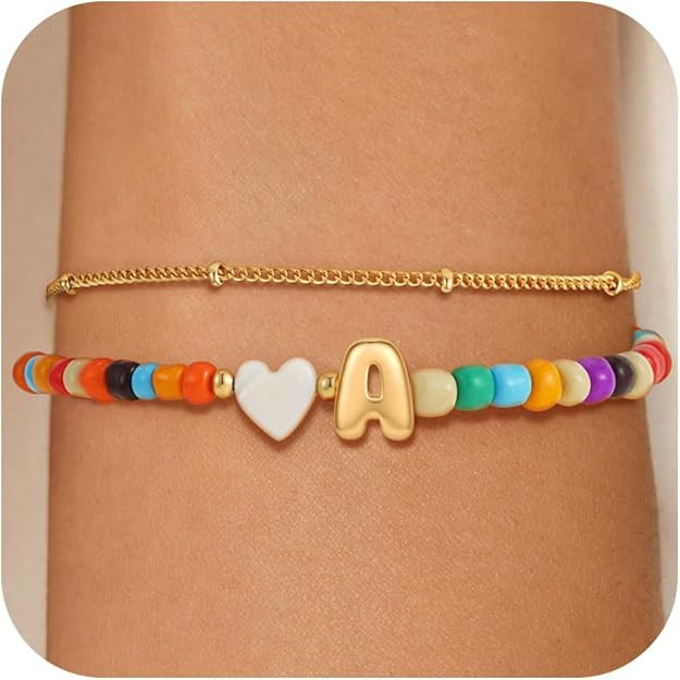 Colorful Initial Bracelets for Women Girls - 14K Gold Plated Heart Initial Letter Daint A-Z Charm... | Amazon (US)