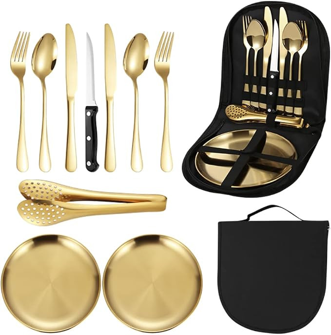 10pcs Set Of Portable Knife, Fork, Spoon, Plate, Steak Clip Set, Camping Picnic, 2 person Tablewa... | Amazon (US)