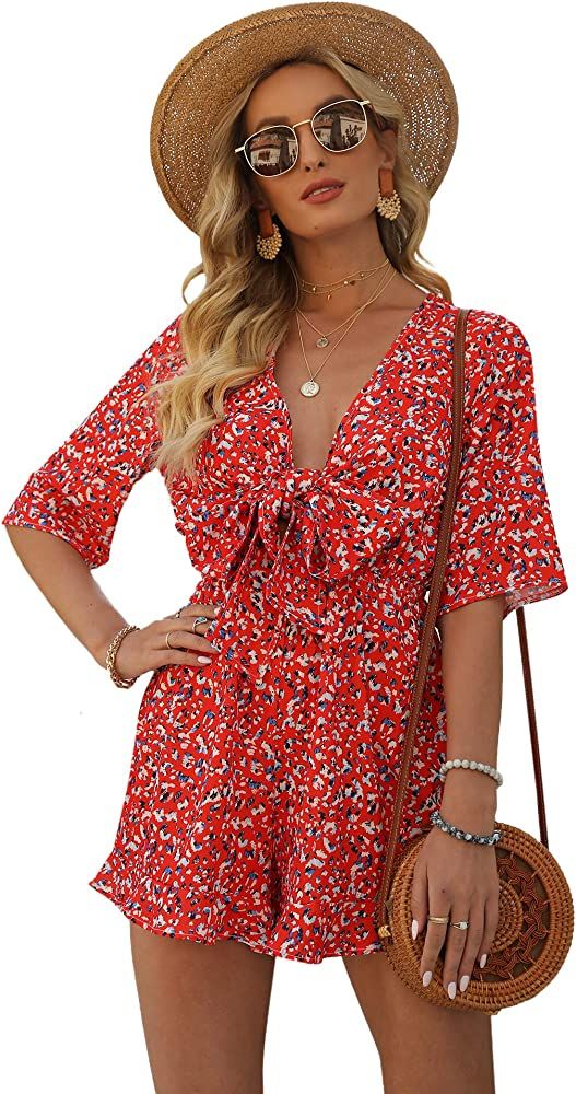 AIMCOO Women's Half Sleeve Tie Knot Front Romper Floral Print Deep V Neck Sexy Jumpsuit High Elastic | Amazon (US)