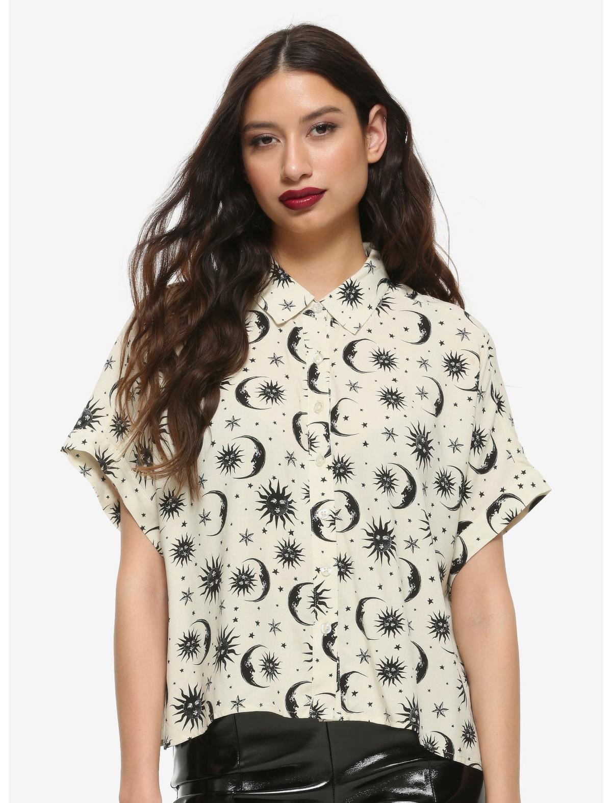 Cream & Black Celestial Girls Oversized Crop Button-Up | Hot Topic | Hot Topic