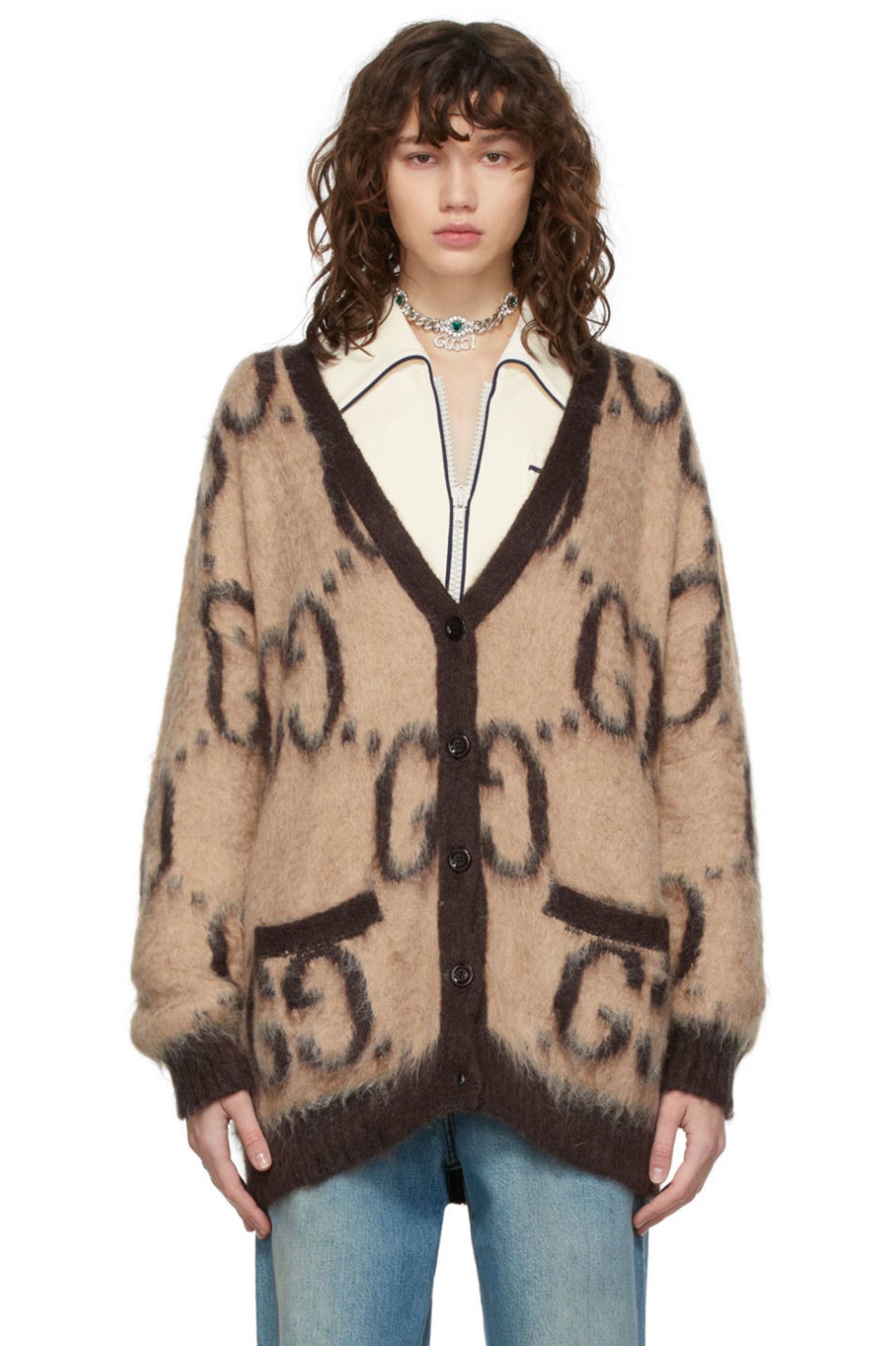 Reversible Beige & Brown Mohair Oversized GG Cardigan | SSENSE