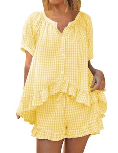 APRTEAK Womens 2 Piece Gingham Pajama Set Plaid Outfits Cute Ruffle Pajamas Checkered Cotton Pjs Short Sleeve Matching Set Yellow | Amazon (US)