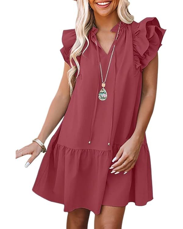 Dokotoo Womens 2023 Summer V-Neck Drawstring Ruffle Cap Short Sleeve Side Pockets Mini Dress Sund... | Amazon (US)