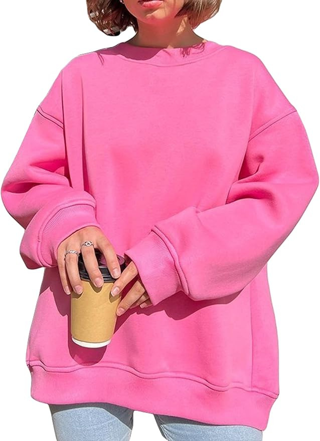 Women's Spring Autumn Solid Color Loose Sweatshirt Long Sleeve Crewneck Pullover Pink | Amazon (US)