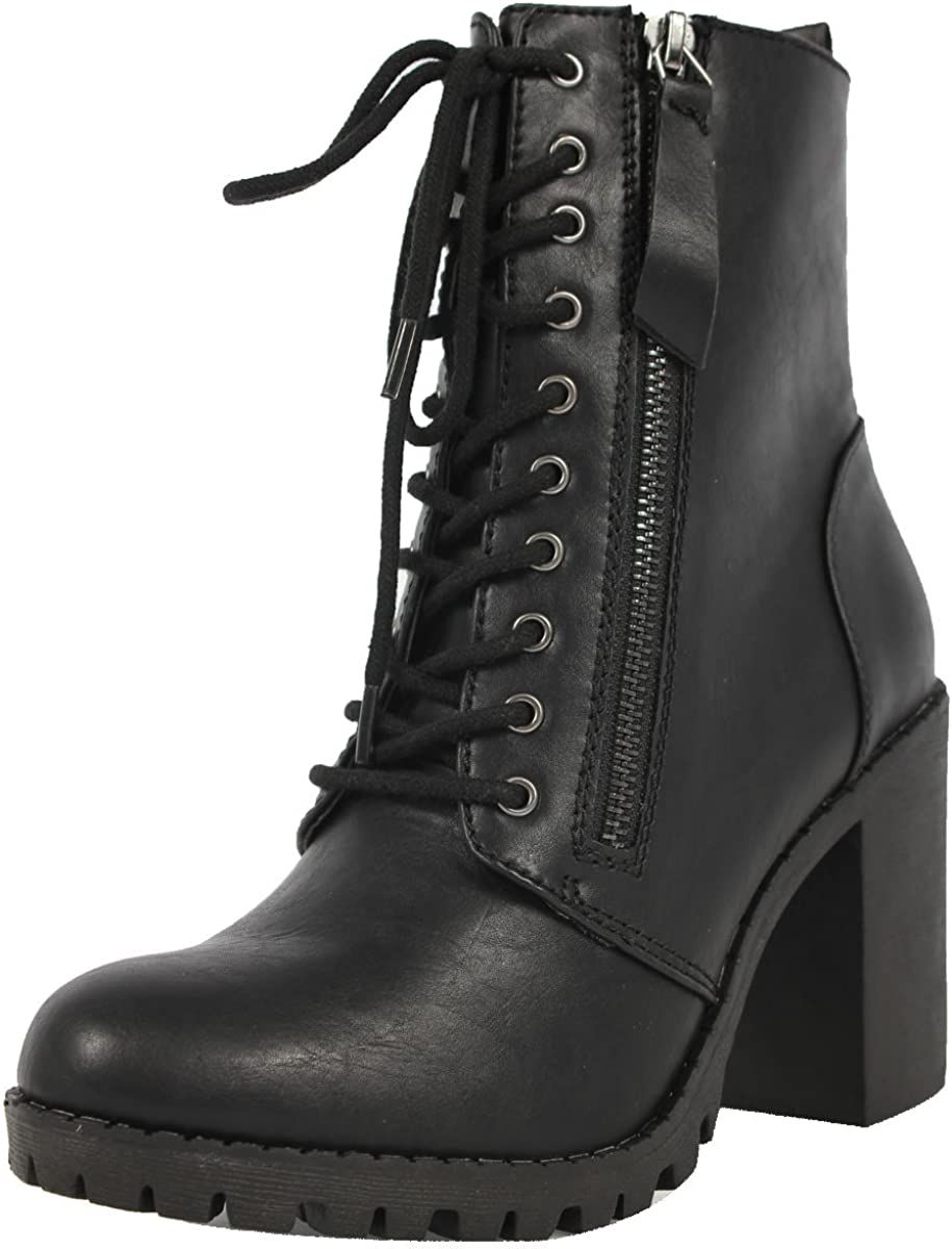 SODA Malia Round Toe Stacked Lug Heel Lace Up Ankle Booties | Amazon (US)