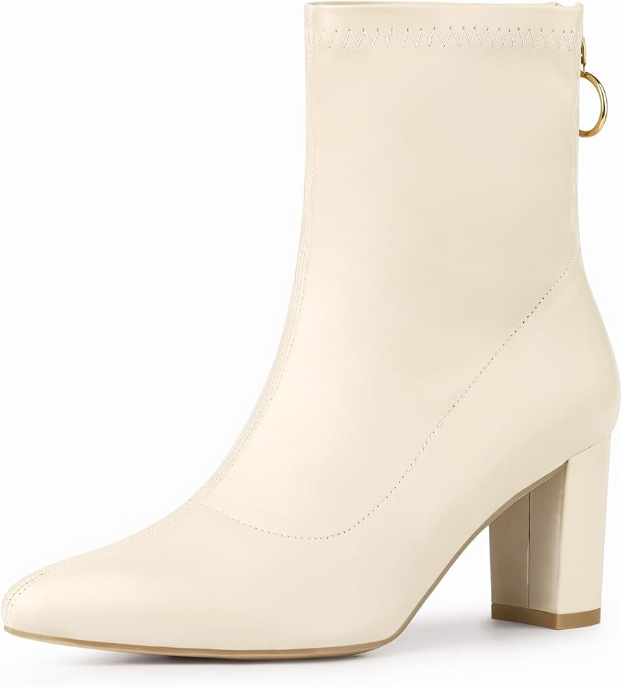 Allegra K Women's Pointy Toe Back Zip Block Heel Ankle Boots | Amazon (US)