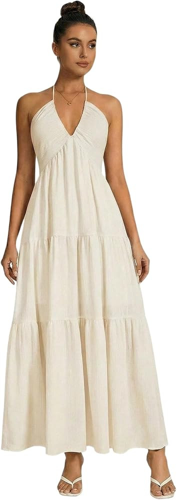 OYOANGLE Women's Summer Beach Formal Wedding Guest Dress Backless Flowy Vacation Boho Maxi Dresse... | Amazon (US)
