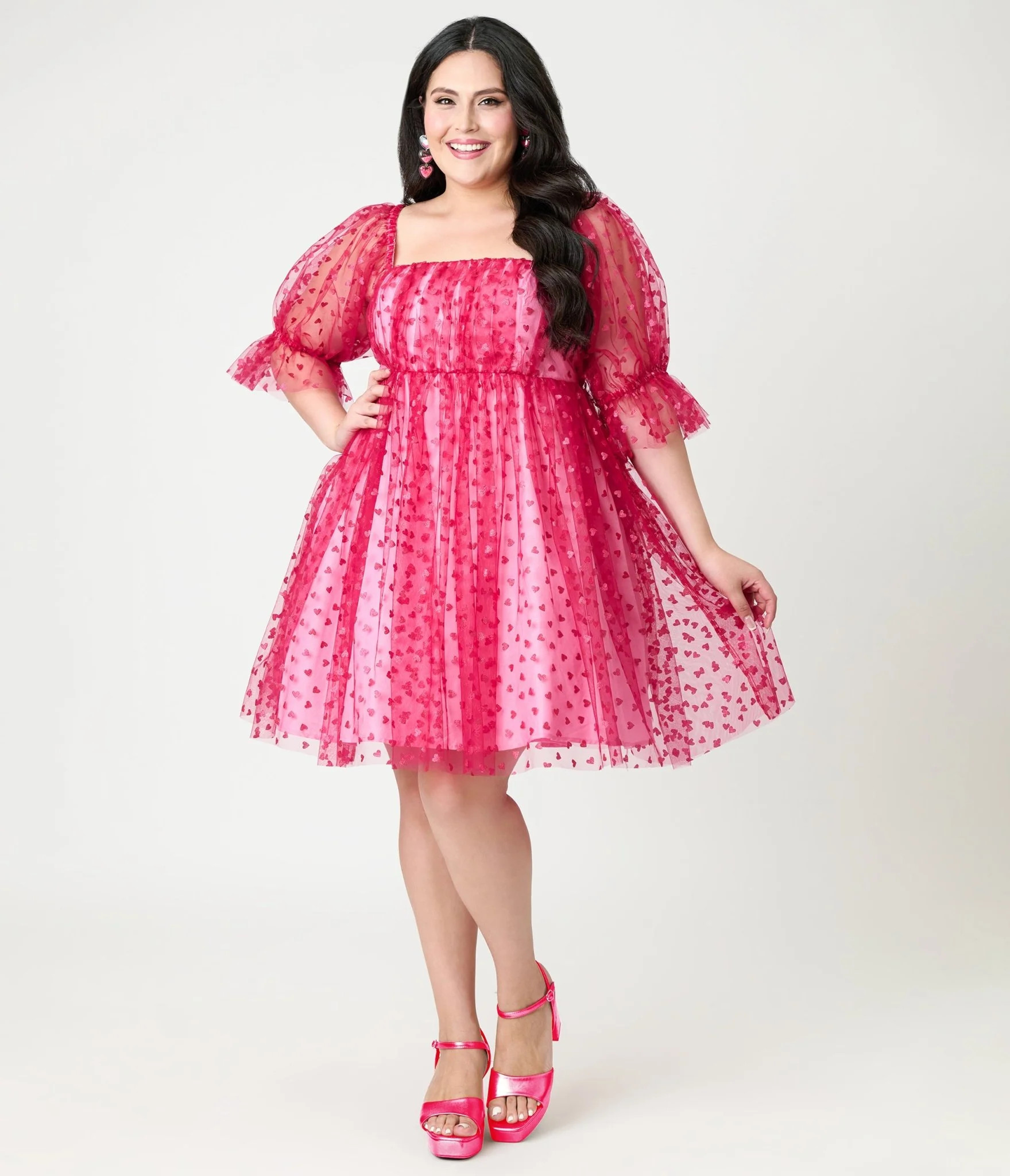 Smak Parlour Plus Size Hot Pink Glitter Hearts Love Interest Babydoll | Unique Vintage - North America