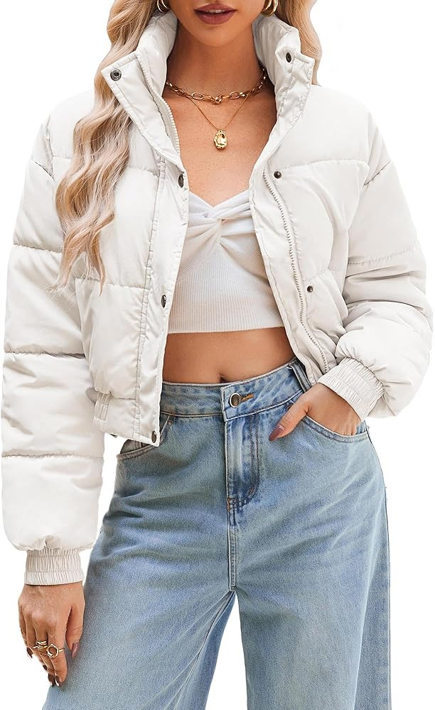 Women's Cropped Puffer Jacket Long Sleeve Puffy Coat Winter Lightweight Quilted Padded Outwear wi... | Amazon (US)