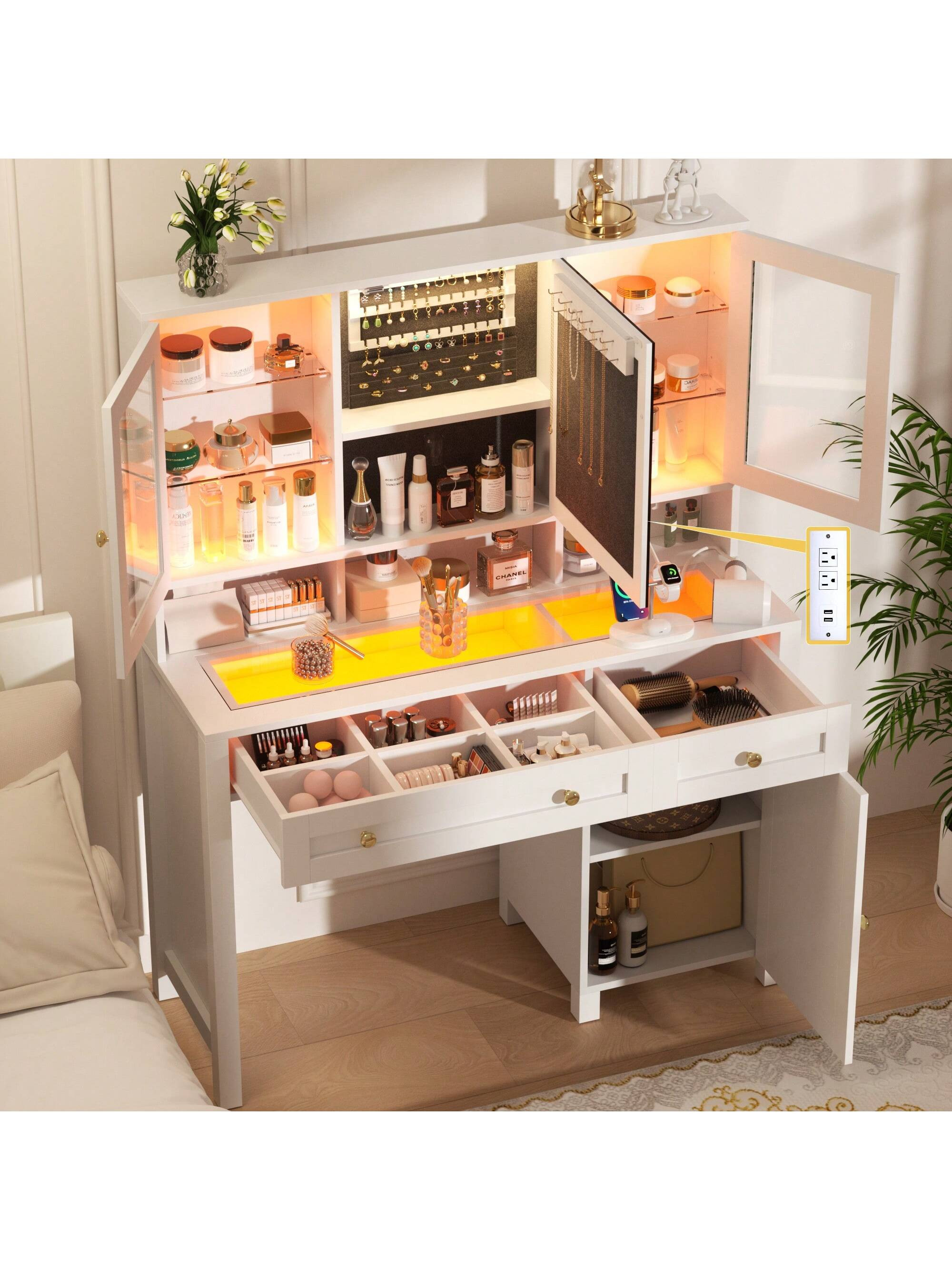 Semoic White Makeup Vanity Desk With LED Mirror And RGB Lights And Power Outlet, Morden Glass Top... | SHEIN