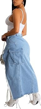 Women's Denim Maxi Skirt Camo Long Skirts Cargo Jean Skirt Sexy High Slit | Amazon (US)