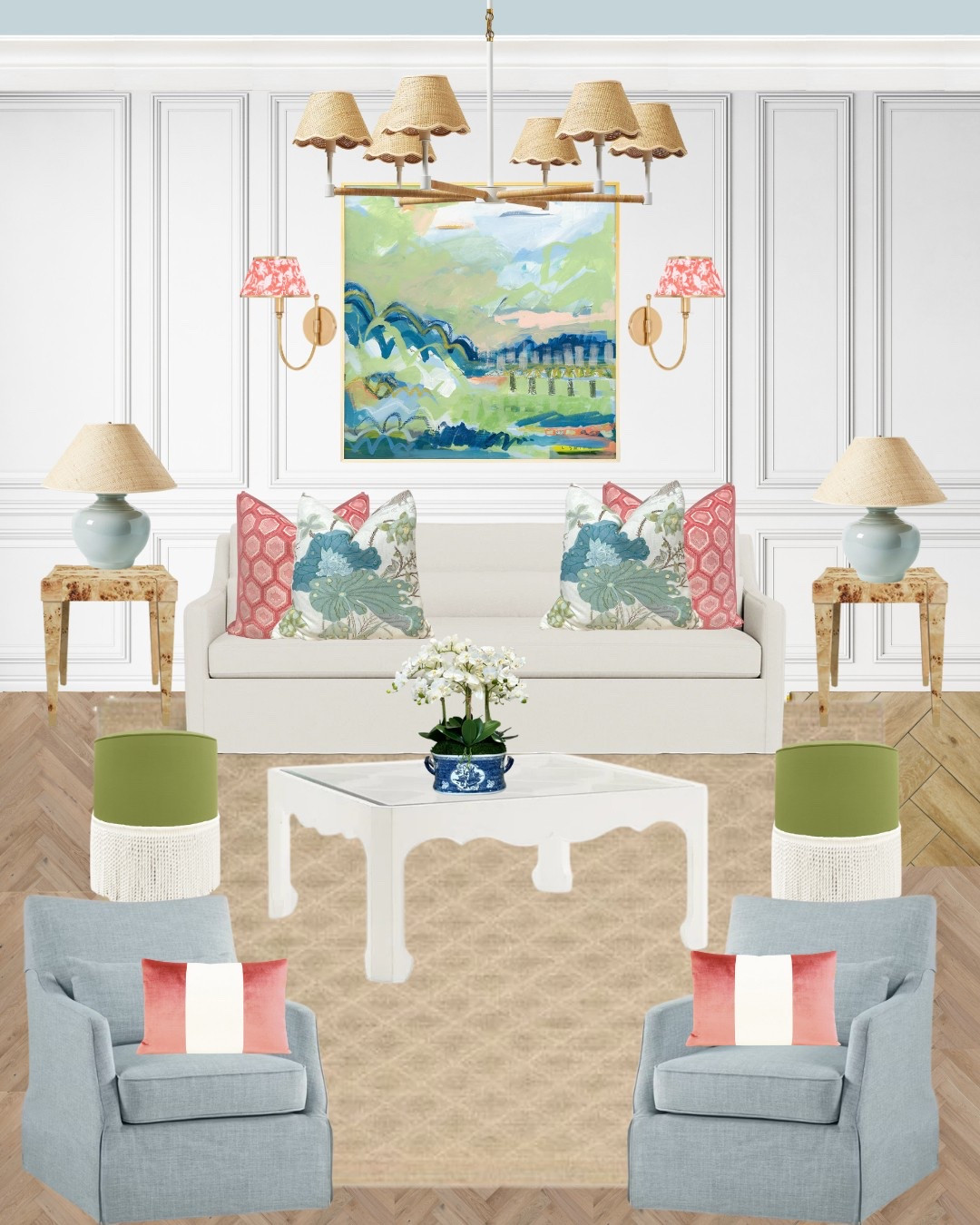 Bright, playful, and full of coastal charm!
This living room blends crisp traditional architecture with vibrant, modern decor. A neutral sofa anchors the space while colorful pillows, abstract art, and layered textures bring it to life. The scalloped lampshade chandelier and coral patterned sconces add whimsical details. Blue swivel chairs, green ottomans, and raffia-accented side tables balance bold colors with natural warmth — the perfect mix of classic and fresh!


coastal living room decor, colorful home inspo, grandmillennial style, traditional with a twist, raffia side tables, scalloped chandelier, chinoiserie coffee table, Southern home style, pillow layering ideas, modern coastal home



#LTKHome #LTKSeasonal #LTKSaleAlert