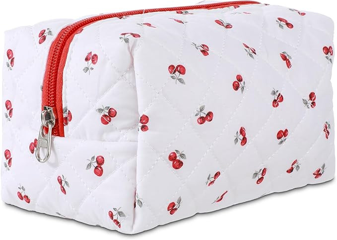 Cherry Makeup Bag, Cotton Quilted Zipper Make up Pouch, Travel Cosmetic Bag for Women Girls, Cute... | Amazon (US)