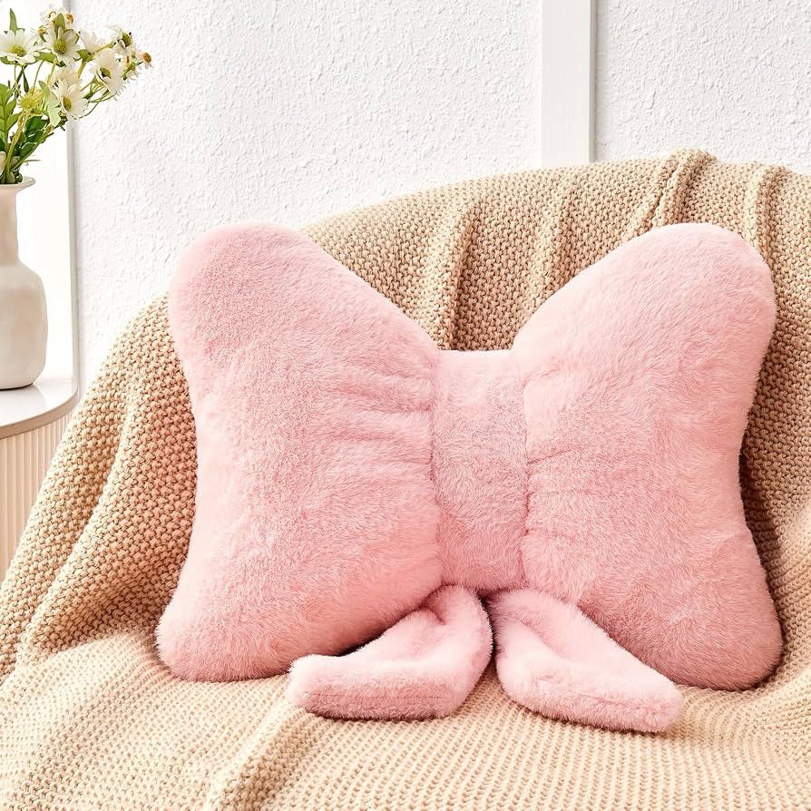 Pink Bow Pillow,12'' Bow Shaped Pillow with Faux Rabbit Fur,Soft Bow Throw Pillows Aesthetic Bow ... | Amazon (US)