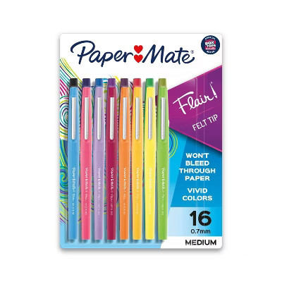 Paper Mate Flair 16pk Felt Tip Pens 0.7mm Medium Tip Multicolor: Colored Pens, Quick Drying, Fade-Resistant, Contoured Grip | Target