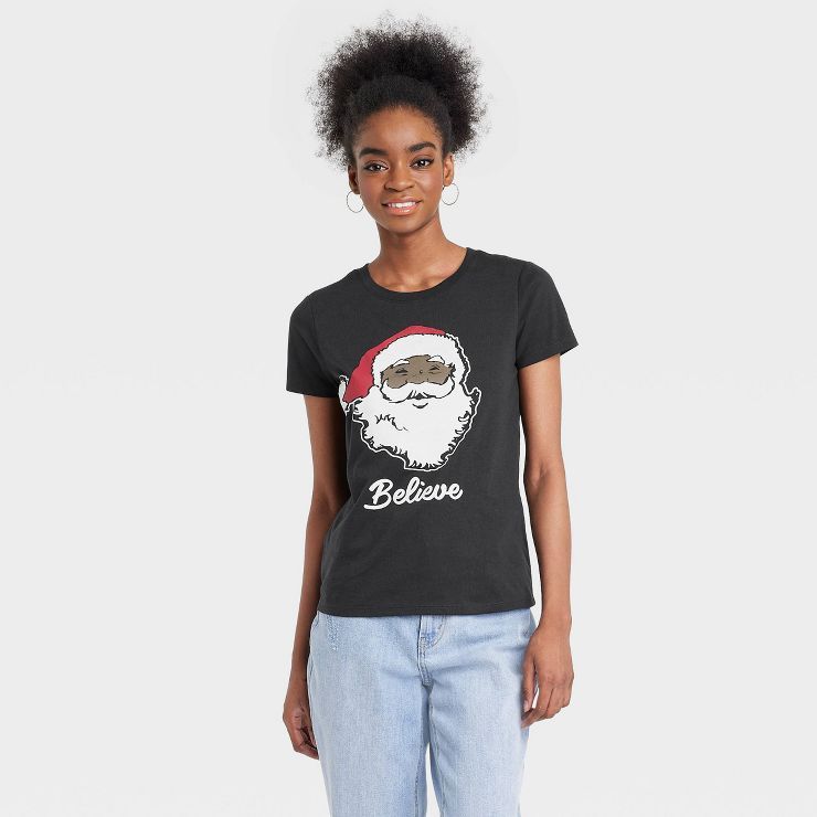 Women's Black Santa Short Sleeve Graphic T-Shirt - Black | Target