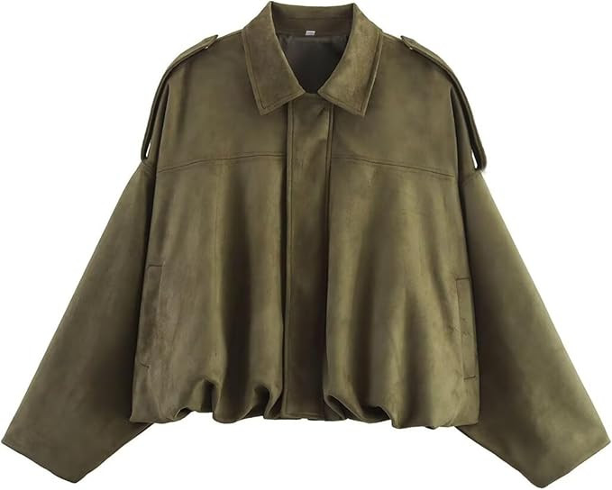 Xunger Women's Faux Suede Bomber Jacket Spring Lapel Pilot Coat Casual Oversized Long Sleeves Tre... | Amazon (US)