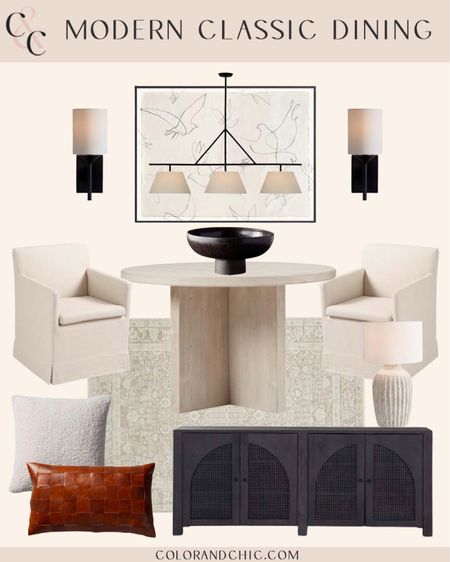 Modern classic dining room moodboard! Loving the sherpa pillows, round dining table from West Elm, 3-pendant chandelier, terracotta table lamp and so much more!

#LTKstyletip #LTKhome