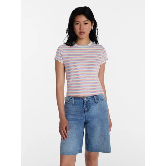 No Boundaries Ribbed Striped Cotton Baby Tee, Women's XXS-XXL | Walmart (US)