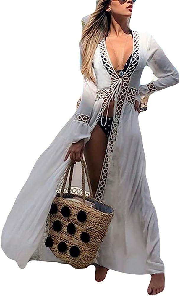 Women Sexy Lace Crochet Open Front Swimsuit Beach Long Kimono Cover Ups | Amazon (US)