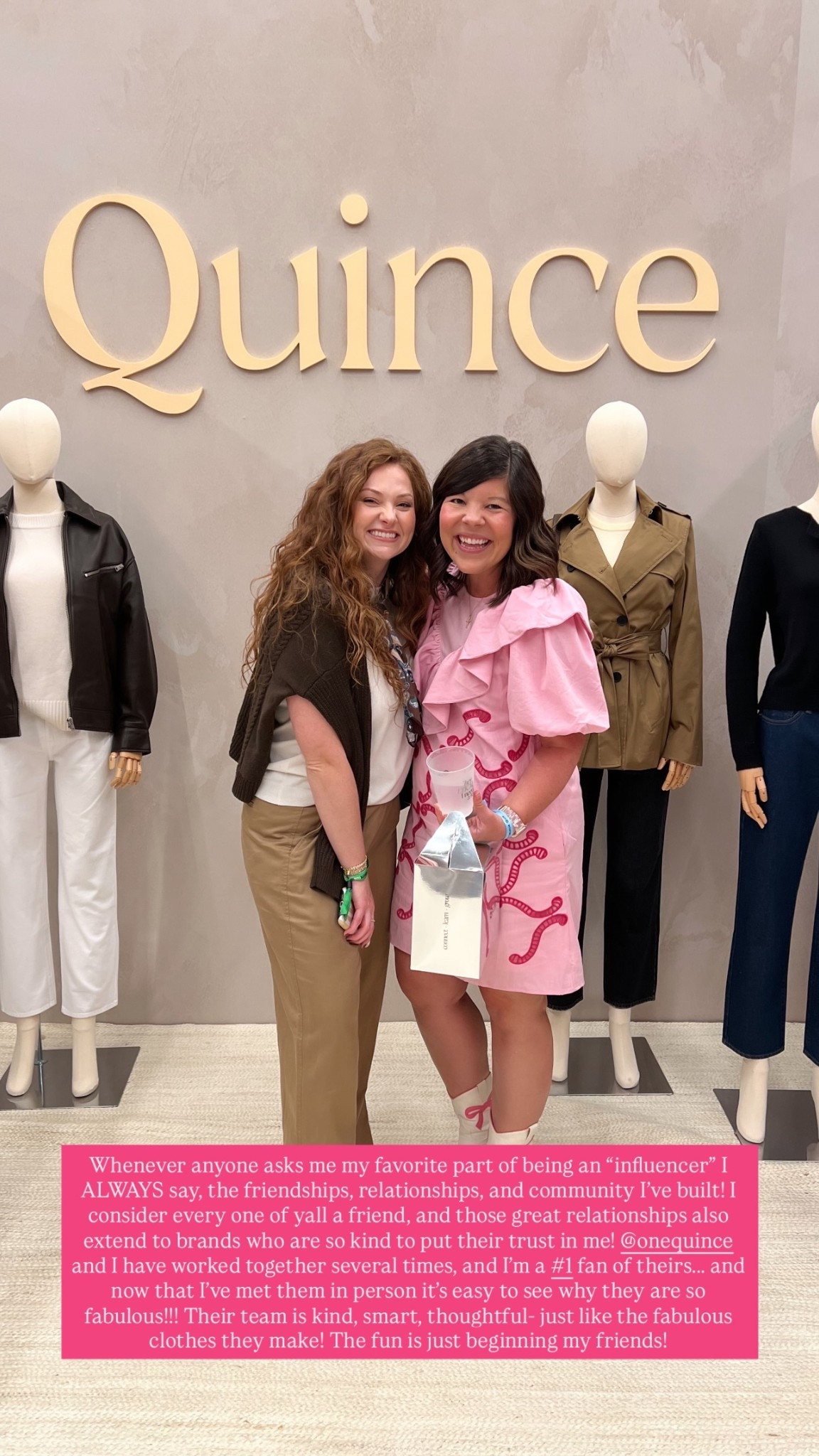 Whenever anyone asks me my favorite part of being an “influencer” I ALWAYS say, the friendships, relationships, and community I’ve built! I consider every one of yall a friend, and those great relationships also extend to brands who are so kind to put their trust in me! @onequince and I have worked together several times, and I’m a #1 fan of theirs….. and now that I’ve met them in person it’s easy to see why they are so fabulous!!! Their team is kind, smart, thoughtful- just like the fabulous clothes they make! The fun is just beginning my friends!