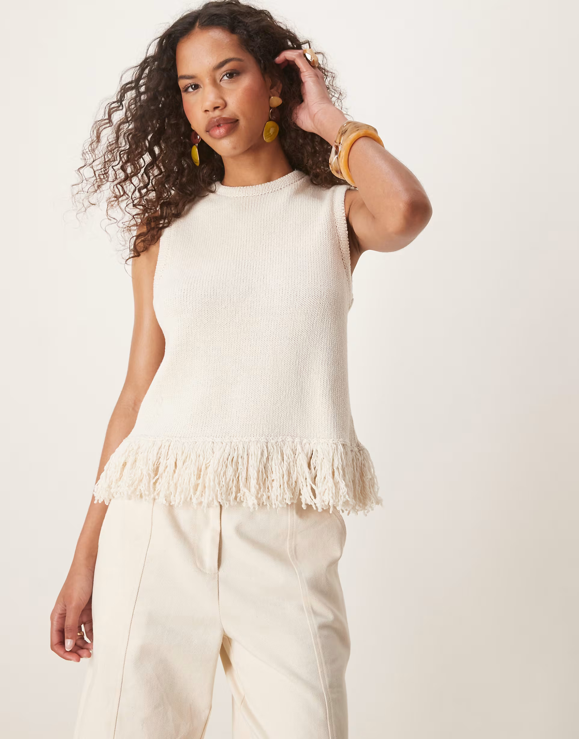 ASOS DESIGN clean knitted fringed tank in cream | ASOS | ASOS (Global)
