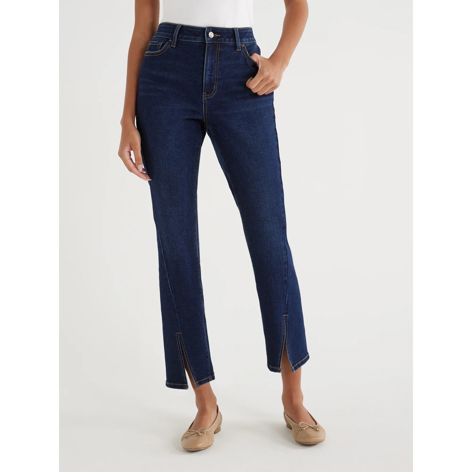 Time and Tru Women's Slit Hem Straight Leg Jeans, 26", 28" Inseams, Sizes 2-20 - Walmart.com | Walmart (US)