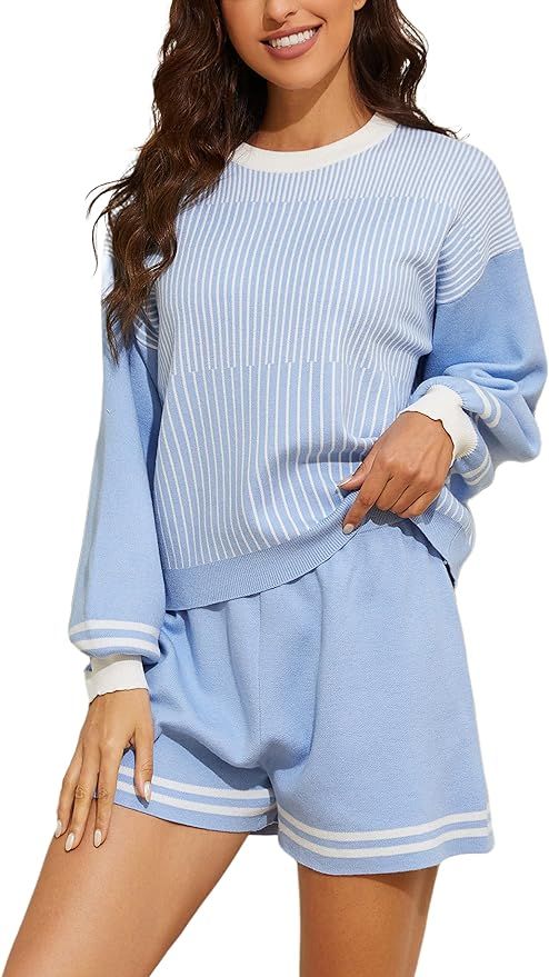 UANEO 2 Piece Outfits for Women Striped Knitted Sweater Pullover Shorts Lounge Set | Amazon (US)