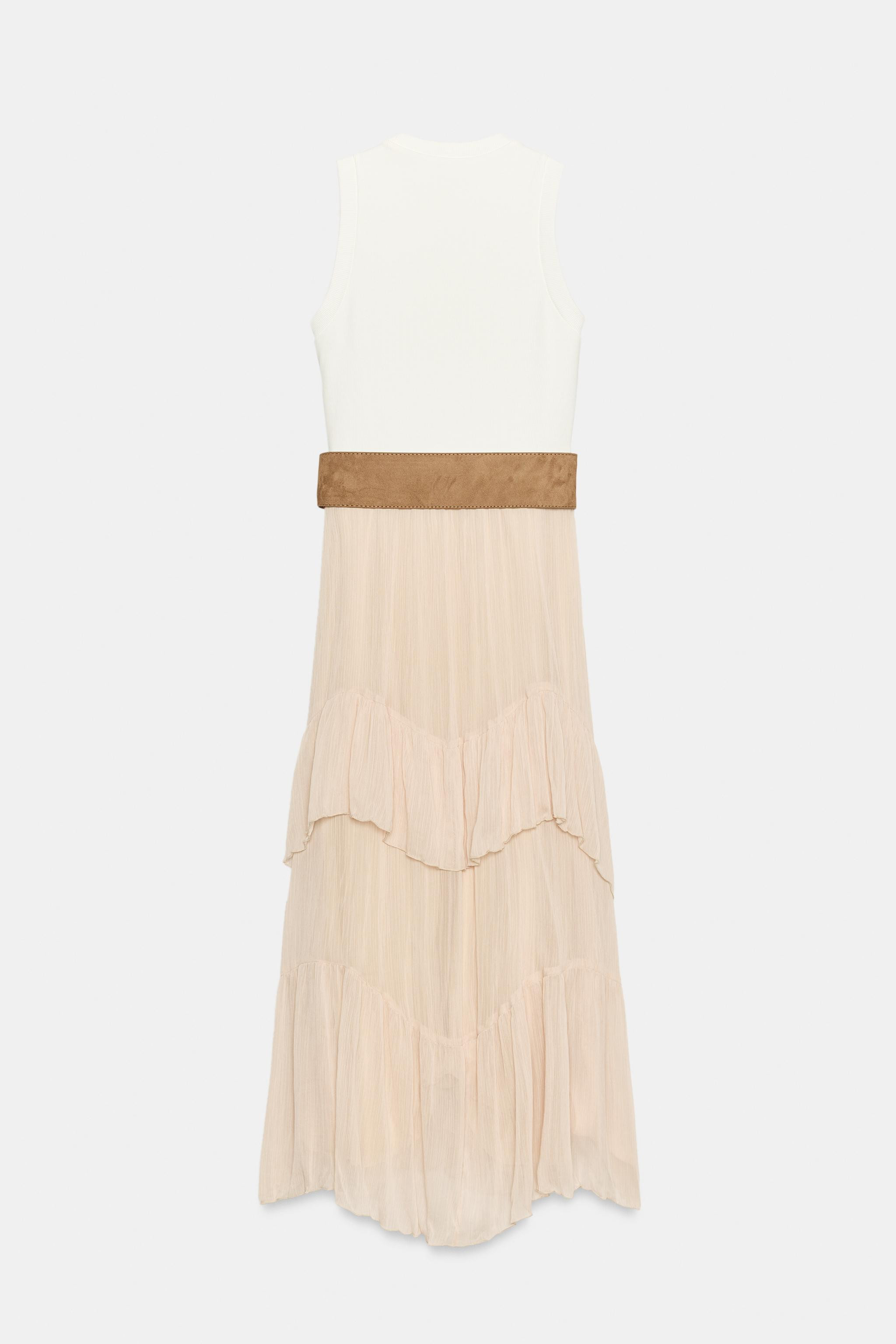 Sleeveless crew neck dress featuring a wide belt detail. Mixed fabric design with a ruffled hem. ... | Zara US