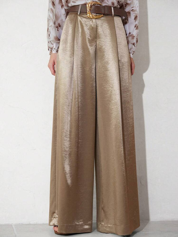 Aveloria Modichic Pantalones Elegantes, Holgados Y De Fluida Línea De La Pierna Con Cinturón De Piel Sintética, Un Estilo De Negocios Premium Y Casual Para Mujeres | SHEIN