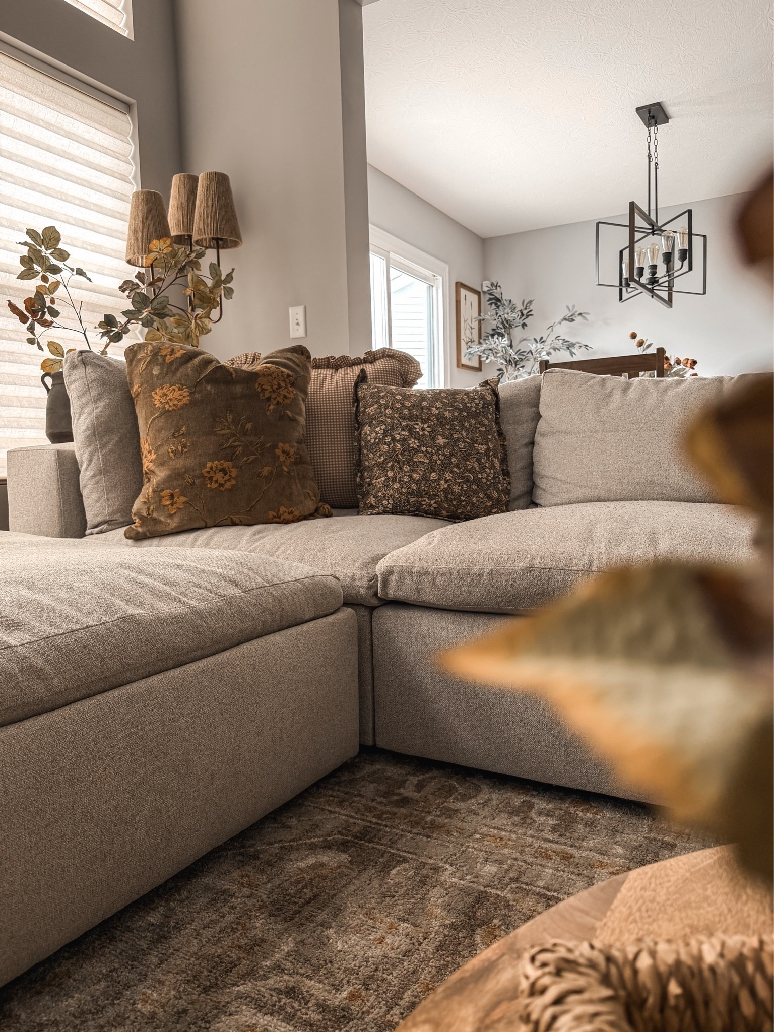 Living room, sofa sectional, throw pillows, neutral home, floor lamp, fall florals, fall styling, moody decor

#LTKHome