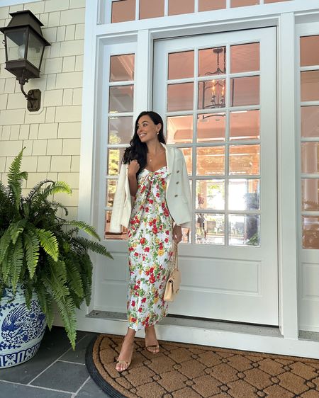 Kat Jamieson wears a floral dress in Michigan with a blazer and gold sandals. *Kat had the dress altered at her dry cleaner to be a midi style.

#LTKSeasonal #LTKparties #LTKshoecrush