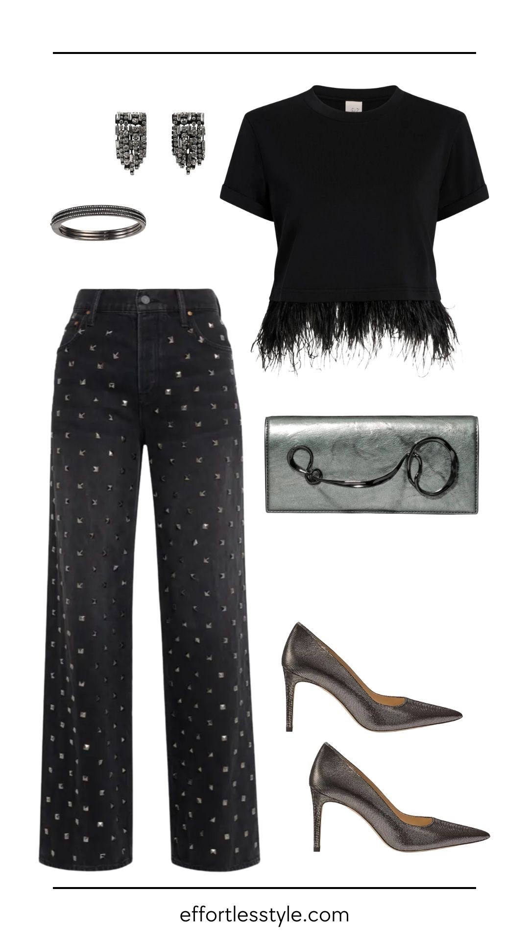 This is a playful yet polished look built around the feathered t-shirt. Paired with studded jeans, the outfit strikes the perfect balance of festive sparkle and effortless edge.

#LTKHoliday #LTKootd #LTKgrwm