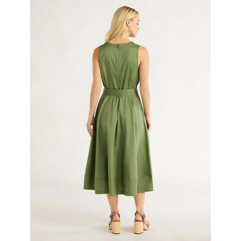 Free Assembly Women's Sleeveless V-Neck Belted Cotton Midi Dress, XS-XXL | Walmart (US)