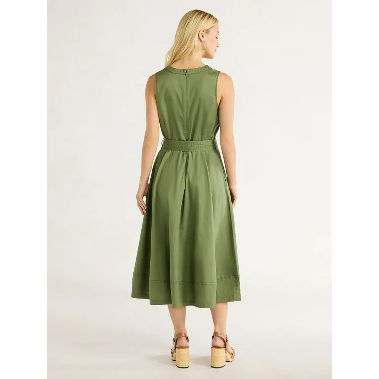 Free Assembly Women's Sleeveless V-Neck Belted Cotton Midi Dress, XS-XXL | Walmart (US)