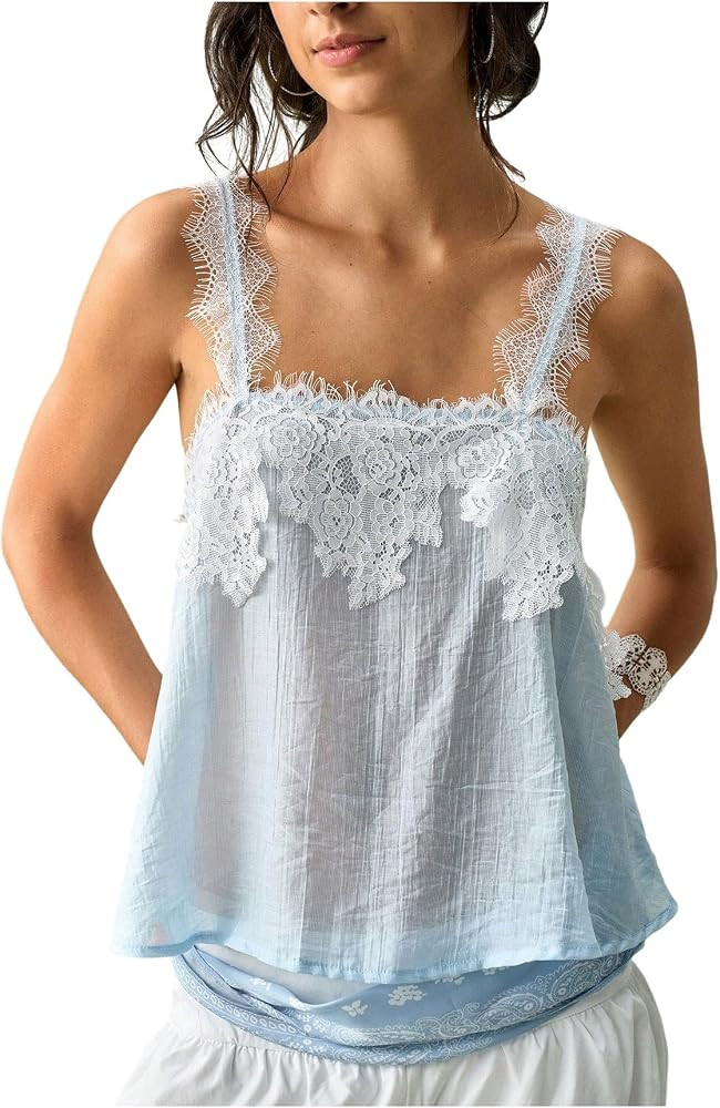 SweatyRocks Women's Lace Trim Sheer Spaghetti Strap Flowy Top | Amazon (US)