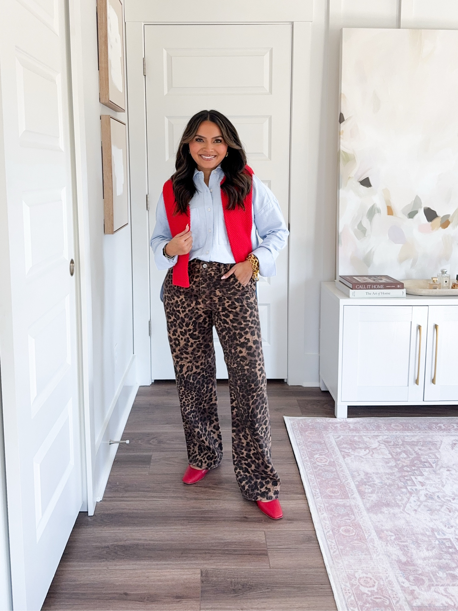 Blue button down size xs - roomy fit
Red cardigan size xs TTS
Leopard print jeans size 26 short TTS
Red flats - old, similar linked

#LTKStyleTip #LTKPetite #LTKSaleAlert