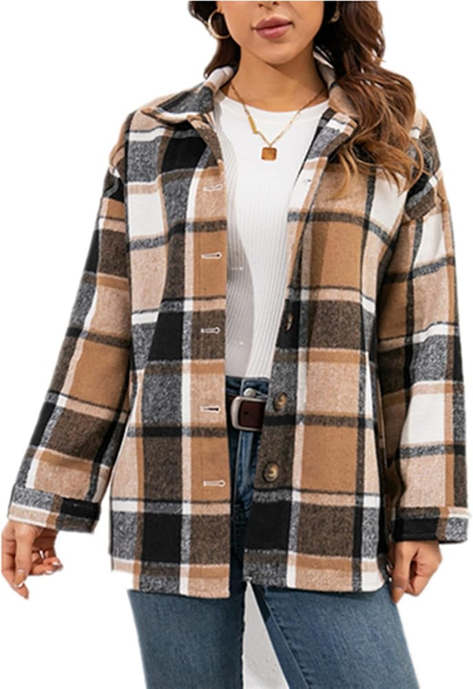 Blansdi Women’s Casual Plaid Flannel Shacket Jacket Oversized Button Down Long Sleeve Fall Shir... | Amazon (US)