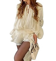 Two Piece Skirt Set for Women Long Sleeve Crew Neck Button Ruffle Elegant Dress Tops with Shorts ... | Amazon (US)