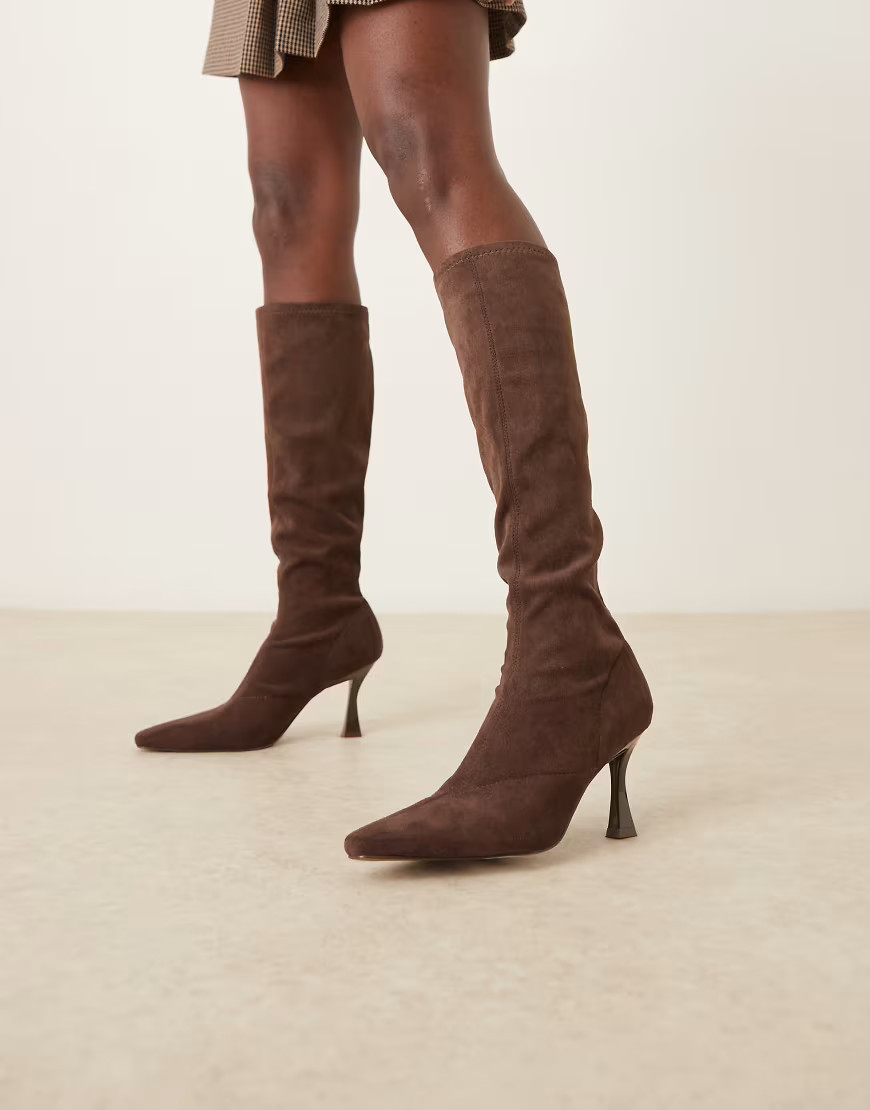 ASOS DESIGN Caitlin heeled sock knee boots in chocolate suedette-Brown | ASOS (Global)