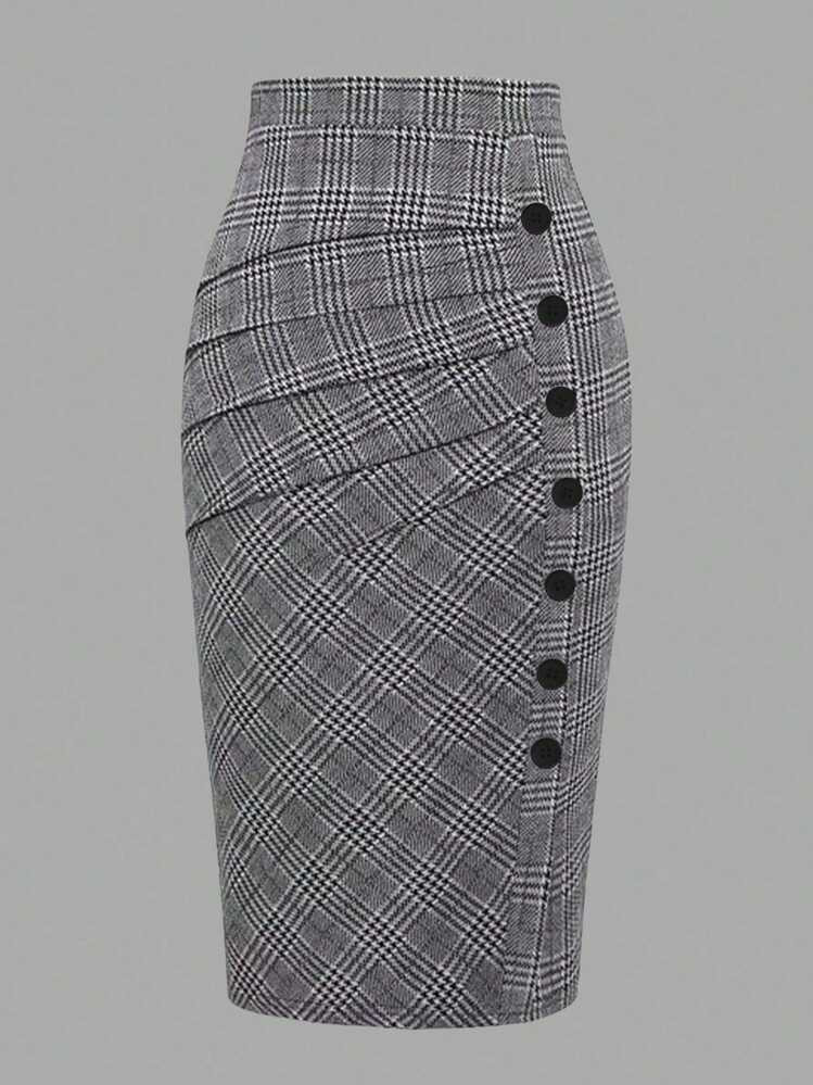 EARO Plus Size Women Casual Retro French Style Pleated A-Line Skirt, High Waist Elastic Waist Slim Fit Gingham Skirt, Elegant Loose OL Work Skirt, Spring/Autumn | SHEIN