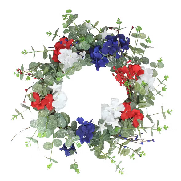 Northlight Patriotic Hydrangea Wreath with Foliage, Red, White and Blue 20-Inch | Target