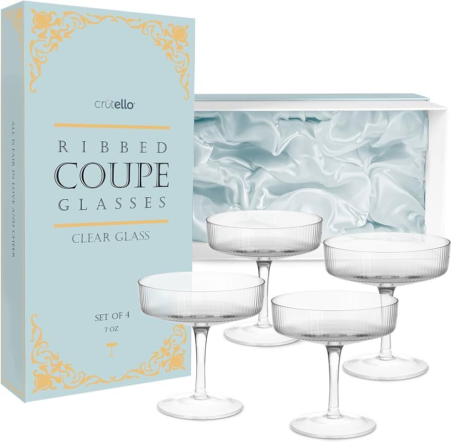 Crutello Champagne Coupe Glasses Set of 4, Classic 7oz Vintage Cocktail Glass, Ribbed Fluted Glas... | Amazon (US)